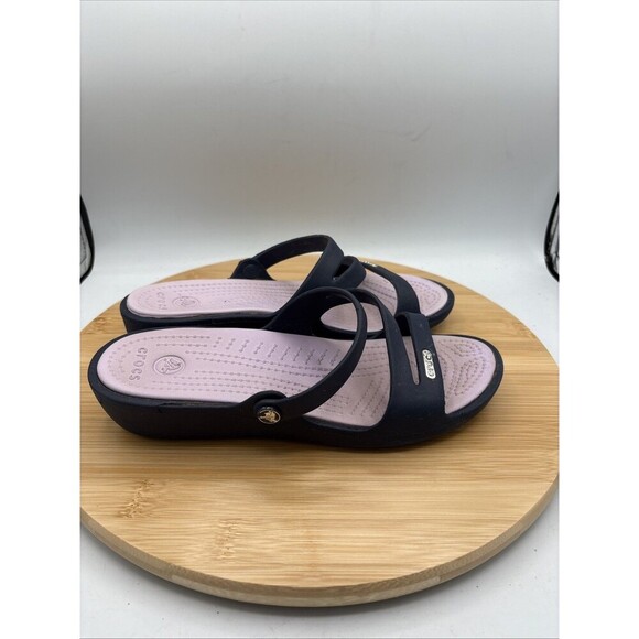 Crocs Women's Patricia Navy Blue Lavender Slide Wedge Heel Sandals Size 6 - Picture 3 of 10